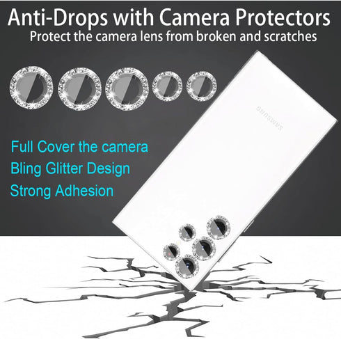 [5+5 Pack Compatible with Samsung Galaxy S22 Ultra Camera Lens Protector Glitter Bling, S22 Ultra Camera Cover, Tempered Glass Clear Screen Protec...