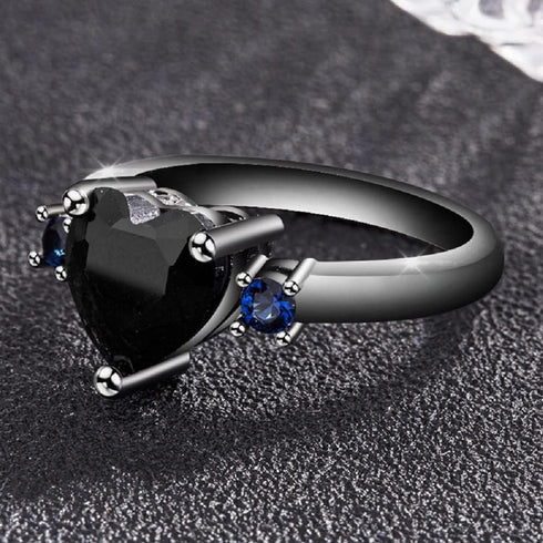 Hsitgexf Black Gold Plated Heart & Blue Round CZ Cubic Zirconia Promise Statement Ring,Women's Fashion 3-Stone Wedding Engagement Ring (US size 9)...