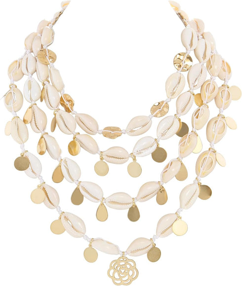 Firstmeet Layed Cowrie Shell Necklace With Glod Coin Pendant Handmade Hawaiian Puka Seashell Choker...