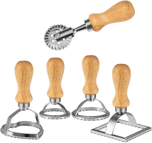 Ravioli Stamp Set (Set of 5), Ravioli Maker Cutter with Wooden Handle–for Ravioli, Pasta, Dumplings Lasagna, Pierogi, Leading Dough Cutter and Pre...