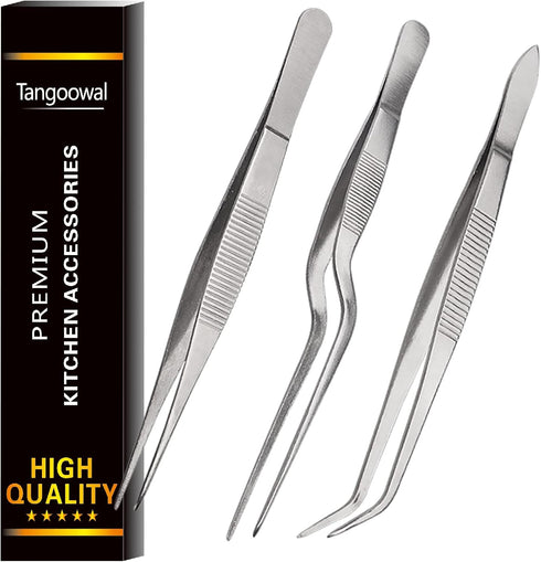 Kitchen Cooking Tweezers Culinary,3 Piece Set Stainless Steel Tweezer Precision Tongs Offset Tip for Cooking Food Design styling(6.3-Inch)...
