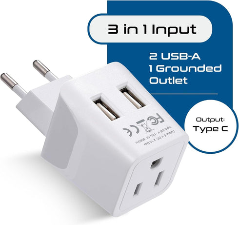 Ceptics European, Egypt Travel Adapter Plug with Dual USB - Type C - Europe - Usa Input - Light Weight - Perfect for Cell Phones, Chargers, Camera...