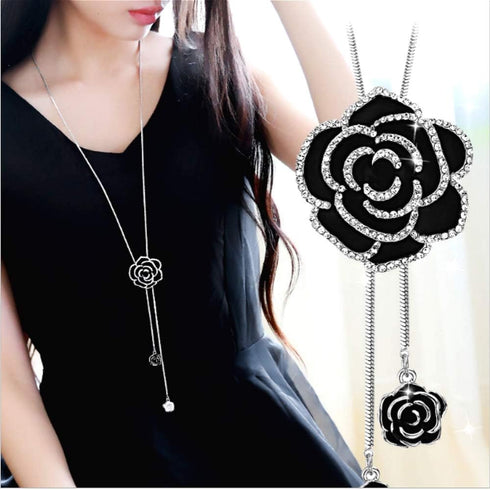 Cathercing Rhinestone Black Rose Pendant Long Necklace for Women Sweater Chain Statement Necklace Choker Adjustable Elegant Jewelry Crystal Access...