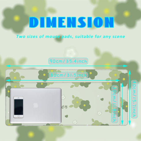 Desk Mat, Kawaii Green Flower Extended Gaming Mouse Pad Large, 31.5"x11.8" Big Mouse Pad with Non-Slip Base and Stitched Edge, Long Computer Keybo...