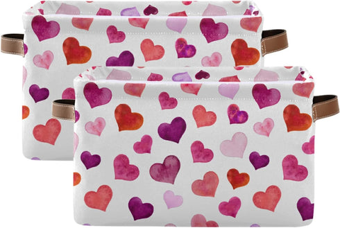 senya Valentines Storage Basket, Large Foldable Storage Basket with Handles, Pink Love Hearts Fabric Collapsible Storage Bins Organizer Bag for Ba...