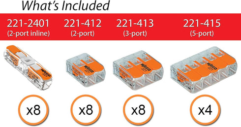 WAGO 221 Lever Nuts 28pc Compact Splicing Wire Connector Assortment with Case | Includes (8X) 221-2401, (8X) 221-412, (8X) 221-413, (4X) 221-415...
