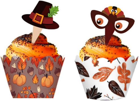 48 Pieces Thanksgiving Cupcake Toppers Cupcake Wrappers Kit for Thanksgiving Day Autumn Cake Decoration...
