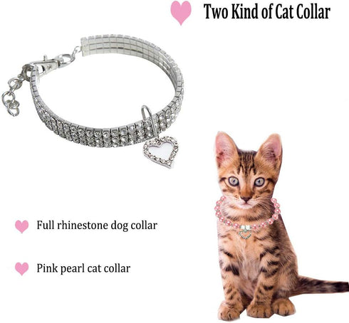 Rhinestones Dog Collar and Pearl Dog Necklace Set, Adjustable Neck Strap Bling Full Diamond Crystal Cute Pearl Dog Collar for Small Girls Cats Pup...