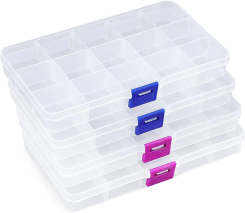 Opret 15 Grids Bead Organizer(4 Pack), Earring Organizer Box, SMALL Plastic Clear Organizing Containers with Adjustable Dividers for Crafts Jewelr...