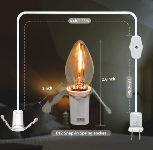 Accessory Cord with LED Night Lights - White Cord with On/Off Switch, Warm White C7 Bulbs and Spare Fuse for Holiday and Home Decoration...