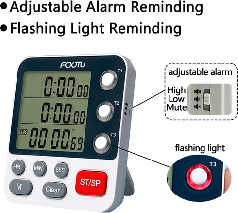 FCXJTU Digital Dual Kitchen Timer, 3 Channels Count UP/Down Timer, Cooking Timer, Large Display, Loud Volume Alarm and Flashing Light with Magneti...