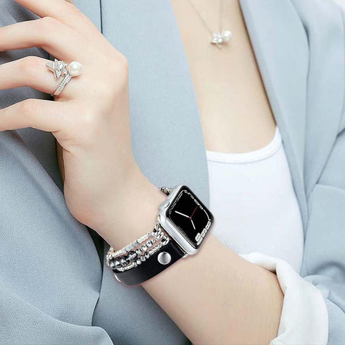 fastgo Bracelet Band Leather Compatible with Apple Watch 44mm 45mm 42mm 49mm Women, Dressy Fancy Elastic Beaded Jewelry Strap for Iwatch SE & Seri...