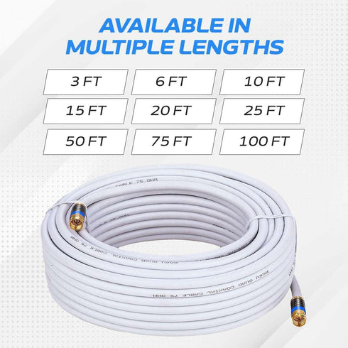 Cables Direct Online 20ft White Quad Shield RG6 Coaxial Cable, F Pin and BNC Extension Wire for Satellite Dish, Cable TV, Antenna - Digital HD 3GH...
