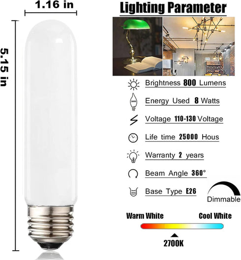 XININSUN T10 led Bulb, Dimmable T10 led Light Bulbs,8W Led Tube Bulbs, 60-75 Watt Equivalent,4000K Daylight White,E26 Base Bulb for Desk Lamp,Bath...