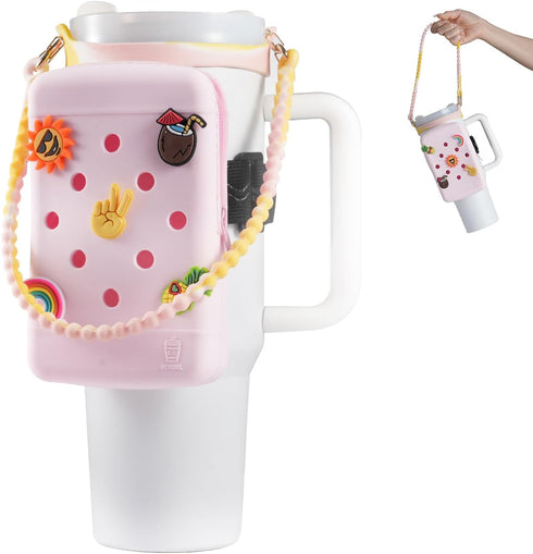 Water Bottle Pouch with Charm and Handle,Silicone Water Bottle Carrier Bag with Strap,Stanley Cup Accessories,Tumbler Pouch,Compatible with Stanle...