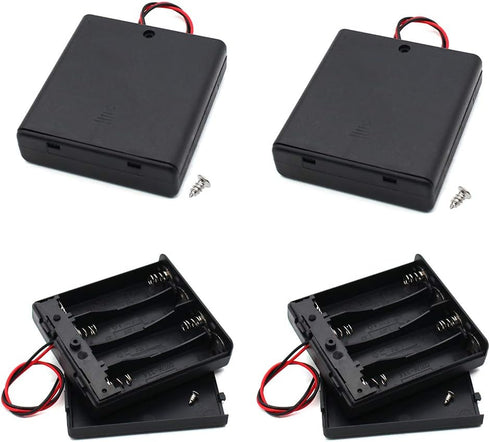 4Pcs AA Battery Holder with Leads Wires ON/Off Switch and Screw Cap Case Back Cover Connection 4 Slots x 1.5V Battery Spring Clip Storage Box (4-P...