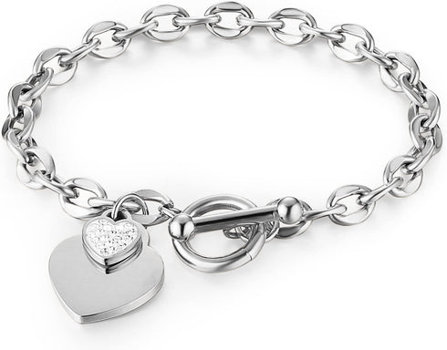 HZMAN Stainless Steel Silver/Rose/18k Gold Plated Zircon Heart Bracelet for Women Girls Romantic Gift Toggle Clasp Link Bracelets...