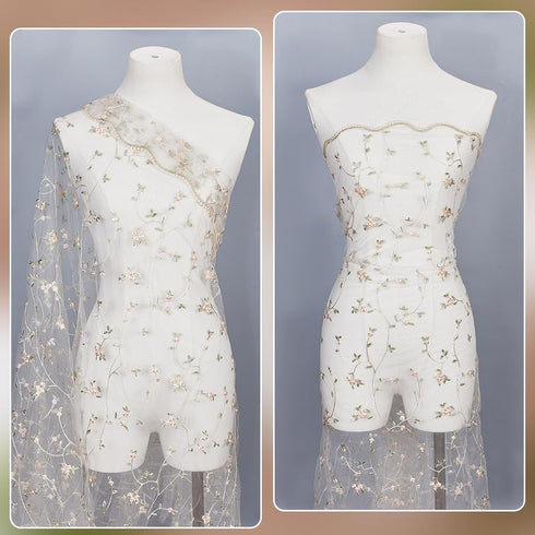 NBEADS 3 Yards Floral Mesh Lace Fabric, 51inch Wide Organza Embroidered Tulle Fabric Flowers Leaves Vine Lace Trim for DIY Wedding Handmade Clothi...