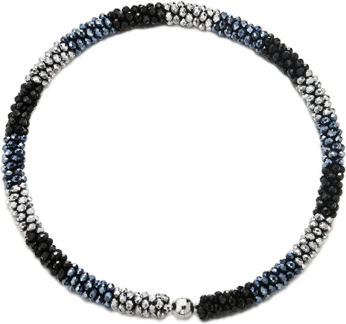 COOLSTEELANDBEYOND Statement Necklace Silver Blue Black Beads Crystal Braided Chain Choker Collar Magnetic Clasp...