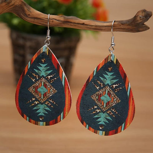 Western Cowboy Earrings Set Boho Aztec Pattern Leather Earrings for Women Boho Vintage Handmade Bohemian Turquoise Jewelry Cow Print Leather Teard...