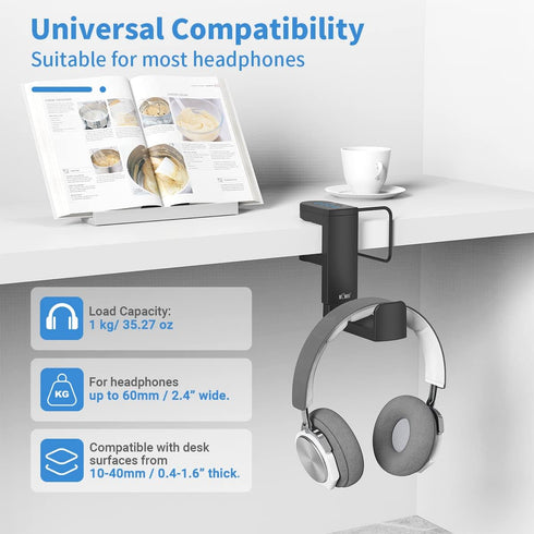 KIWIFOTOS Headphone Stand with 4 USB Ports Hub PC Gaming Headset Holder Hanger 360 Degree Rotation Clamp Under Desk Headphone Hook Mount with Cabl...
