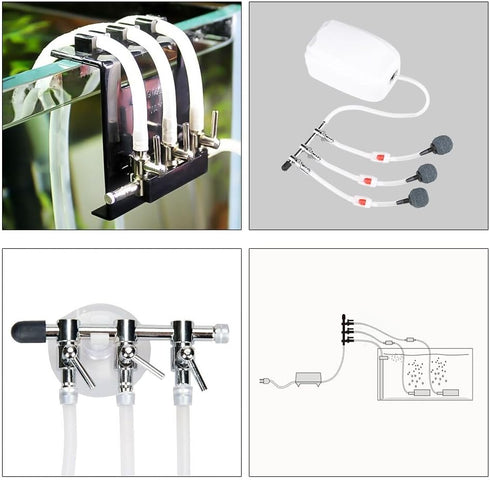 Aquarium Air Pump Splitter 10 in 1 Set 3-Way Air Flow Control Lever Valve & 3 Non-Return Check Valves & 6 Suction Cups for Fish Tank Airline Air T...