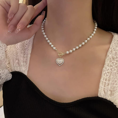IMEGILO Pearl Necklaces for Women?6mm Faux Pearl Necklace?14K Gold Plated Heart Pearl Necklace,Fashion Accessories is Perfect for any Occasion It'...