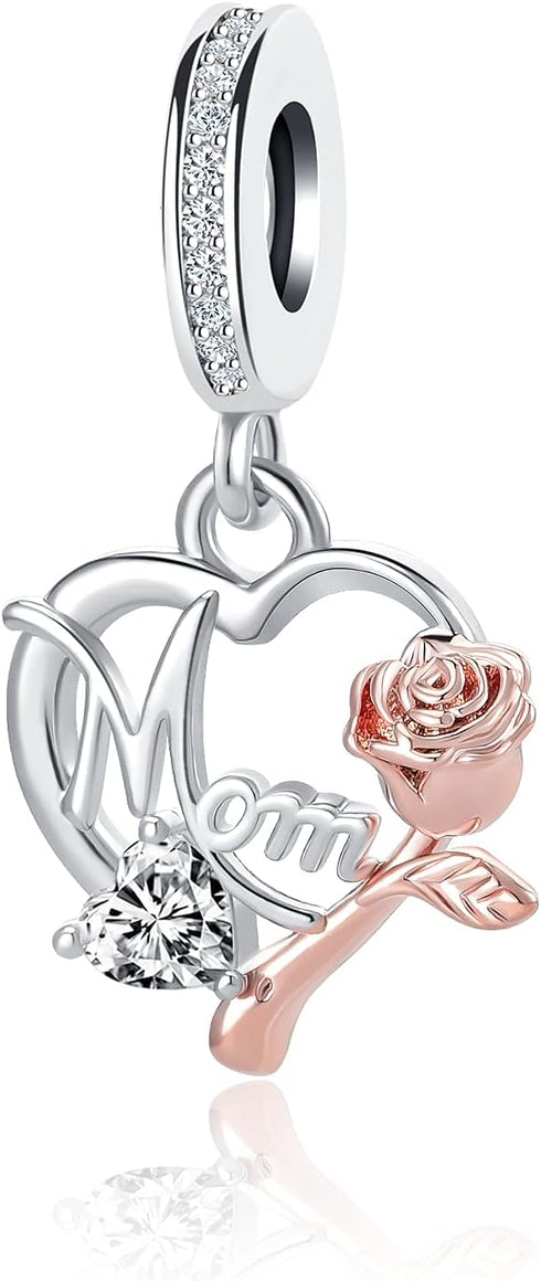 Mom Charm for Pandora Bracelets Women Rose Gold Flower Love Heart Dangle Mother Bead from Daughter Son Birthday...