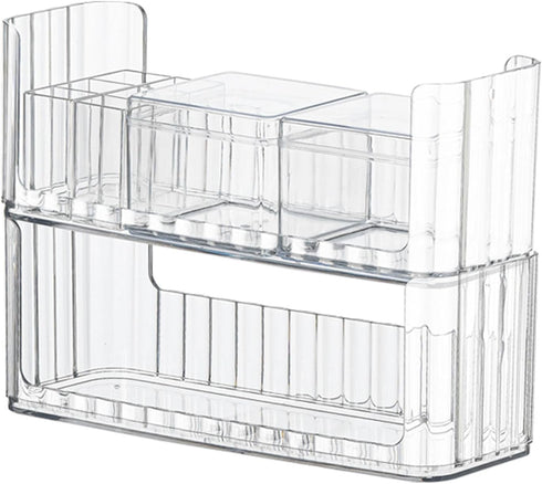LINFIDITE Stackable Makeup Organizer Tray 2 Pack Clear Vanity Organizer, Cosmetic Display Case with 4 Removable Dividers 2 Lipgloss Holders 2 Cott...