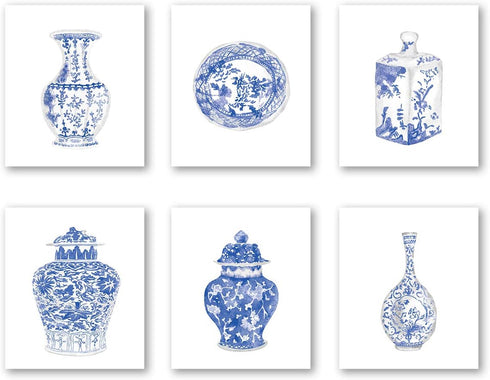 Chinoiserie Wall Art Print-- Bedroom or Study Decor -- Chinese Blue White Porcelain Vase Canvas Print ( Set of 6 )--Unframed--8X10 inch 1...