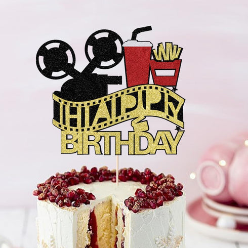 Film Cake Toppe Happy Birthday Sign Cake Topper for Film Projector Movie Night Camera Popcorn Theater Theme Bday Party Celerbrating Supplies (film...
