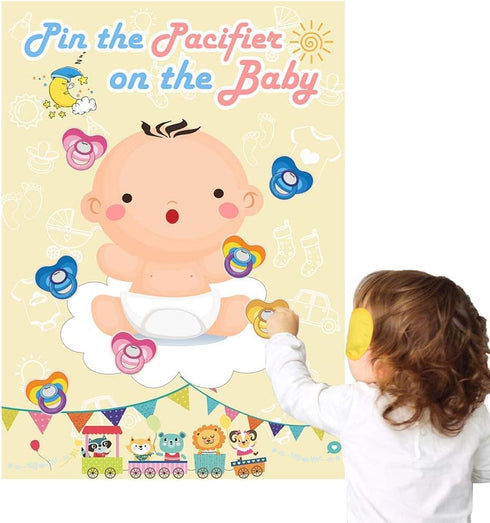 Hooqict Pin The Pacifier On The Baby Game, Baby Pacifier Games Poster with 72pcs Pacifiers Stickers Baby Shower Games Party Favors Girls Boys Kids...
