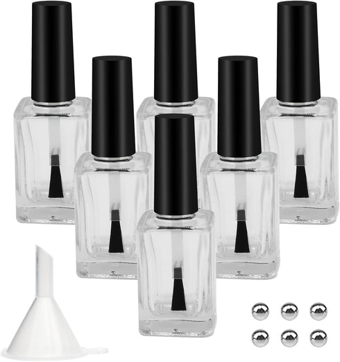 6PCS Empty Nail Polish Bottles with Funnel, Empty Fingernail Polish Bottles Glass Rectangle with Brush & Mixing Balls Black (15ML)...