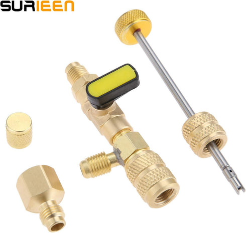 R410A R22 Valve Core Remover Installer Tool with Dual Size SAE 1/4 & 5/16 Port & Brass Adapter, Valve Core Removal Tool for R410 R32 R22 R12 R407 ...