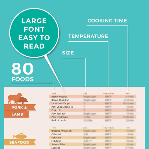 Willa Flare Air Fryer Magnetic Cheat Sheet Cooking Times Reference Guide for 80 Foods - Flip Chart and 6 Vinyl Decal Stickers | Perfectly Fry Fami...