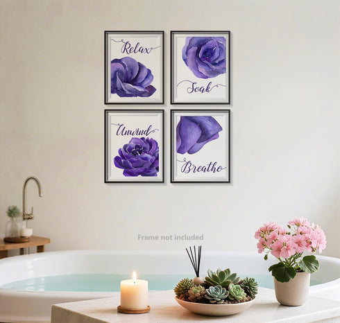 heshengzaixian Purple Flower Bathroom Wall Art Print,Mauve Rose Floral Relax Soak Unwind Breathe Quotes Bathroom Set,Modern Boho Minimalist Decor ...