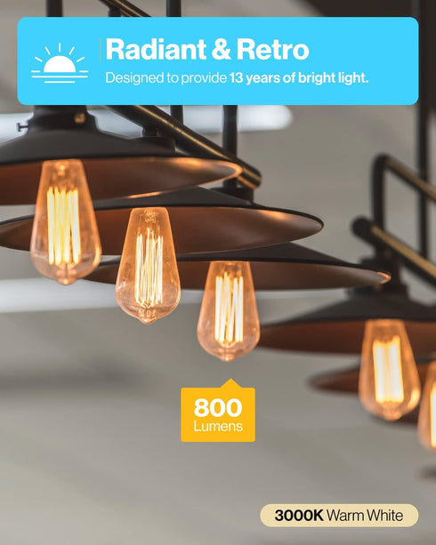 Sunco Lighting 4 Pack 60W Vintage LED Edison Bulbs Equivalent 8.5W CRI92 800 Lumens, Dimmable ST64 Filament 3000K Warm White E26 Medium Base Light...