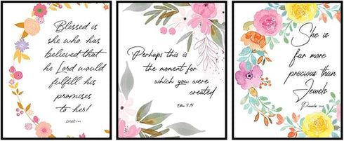 Posterizer 3 pcs-Floral Chic Bible Quotes for Christians-Religious Posters-Floral Botanical Art- Decor for Church, Sunday School Classroom- unfram...