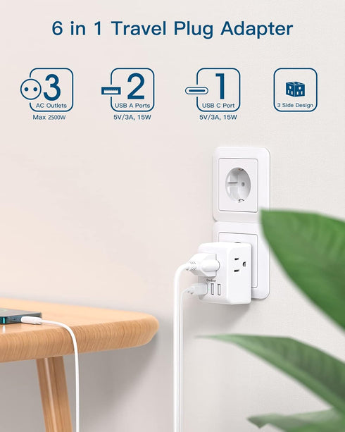 European Travel Plug Adapter, International Power Plug Adapter with 3 Outlets 3 USB Charging Ports(1 USB C), Type C Plug Adapter Travel Essentials...