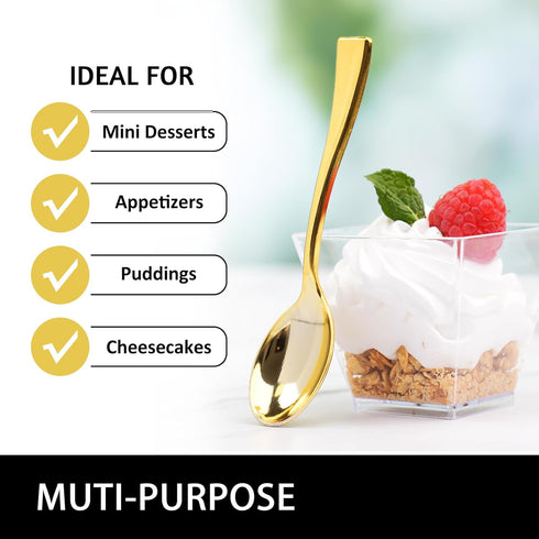 Qeirudu 4 Inch Gold Plastic Mini Spoons, 100 Pack Disposable Tasting Spoons Heavy Duty Small Dessert Spoons for Party Dessert Shooters, Food Sampl...