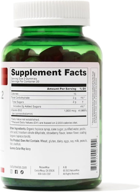 NatureWise Vitamin B12 Gummies for Adults, 1000 mcg - Strawberry Lemon Flavor - Supports Daily Energy, Mental Clarity, Cognitive Function - Vegan,...