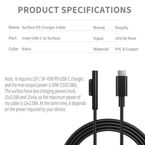 10ft Surface Connect to USB-C Charging Cable Compatible for Microsoft Surface Pro7 Go2 Pro6 5/4/3 Surface Laptop1/2/3 & Surface Book, Black Male, ...