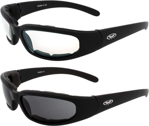 Global Vision Chicago Padded Motorcycle Riding Sunglasses 2 Pack Black Frames Clear & Smoke Lenses...