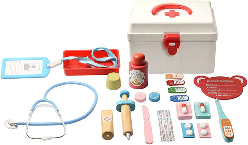 Doctor Kit for Kids - 17 Pcs Wood Medical Pretend Play Toys with Storage Box, Stethoscope and Other Accessories for Fun Role Playing Game Party Gi...