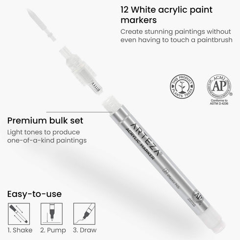 ARTEZA Acrylic Paint Markers, Set of 12 White Acrylic Paint Pen, Art Markers for Glass, Pottery, Ceramic, Plastic, Rocks, and Canvas...
