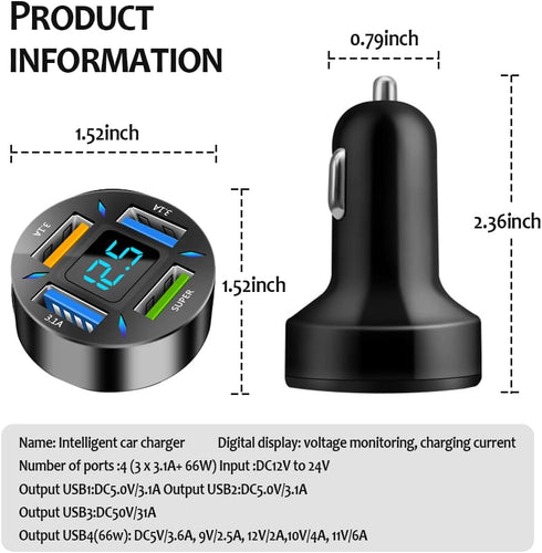 66W Fast Car Charger, 4-Port USB, Smart Power Charger Adapter with Voltmeter, Compatible Most Smartphones...