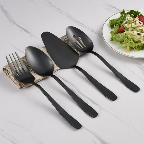 Matte Black Serving Set, 4-Piece Stainless Steel Large Hostess Set Include Slotted Spoon Serving Spoon Serving Fork and Cake Server, Ideal for Buf...