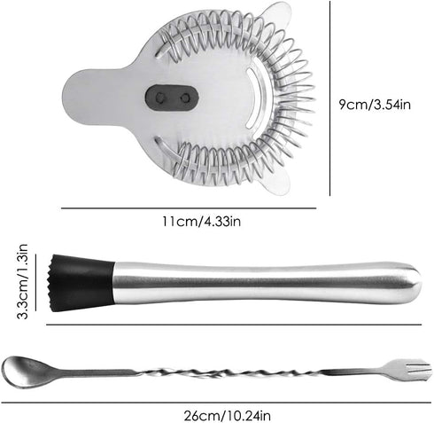 SENHAI Stainless Steel Cocktail Muddler, Spiral Mixing Spoon & 4-Prong Bar Strainer, Home Bar Bartender's Muddling Tool Set...