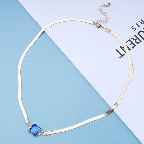 Boho Blue Sapphire Choker Necklace Gold Herringbone Chain Necklace Vintage Blue Gem Necklace Square Collar Necklace Chain Jewelry for Women and Gi...