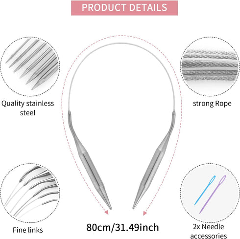 6 Pieces Stainless Steel Circular Knitting Needles Set 80 CM Double Pointed Metal Knitting Needles Set for Making Sweater Shawl Scarf (Diameter 3m...